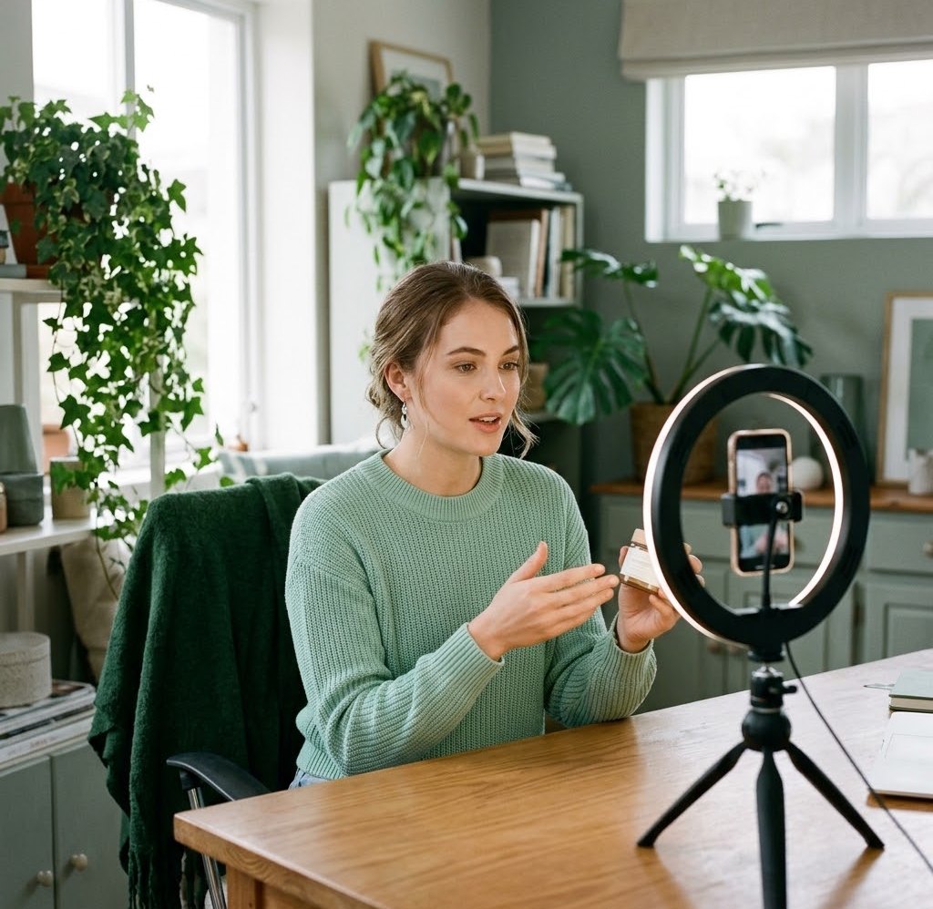 A content creator filming a product video with a phone and ring light