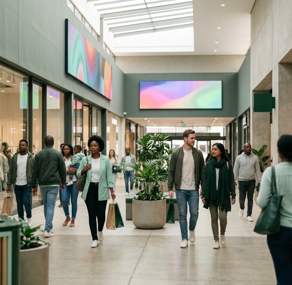 Shoppers walking through a modern mall with large digital screens on the walls