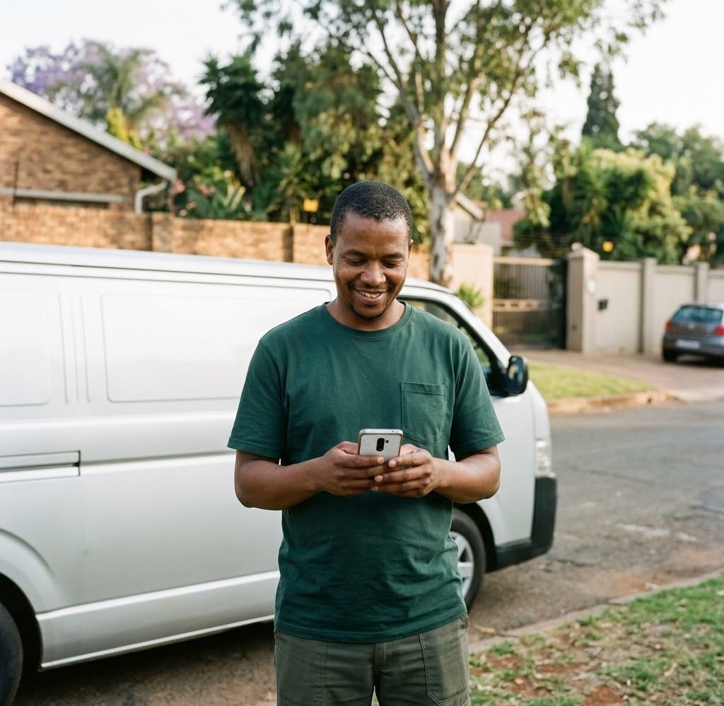 A tradesperson checking his phone beside his van on a Gauteng street