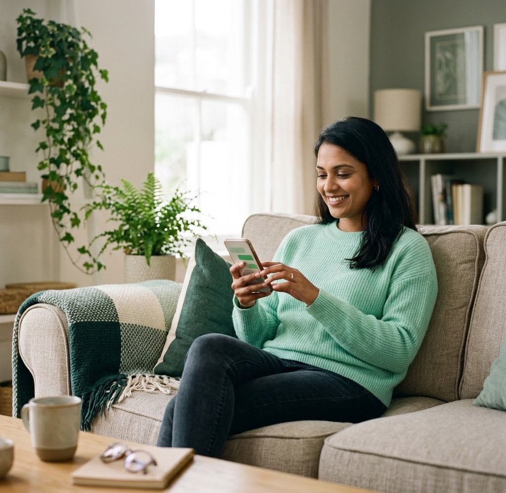 A customer smiling as she chats on her phone from her sofa at home