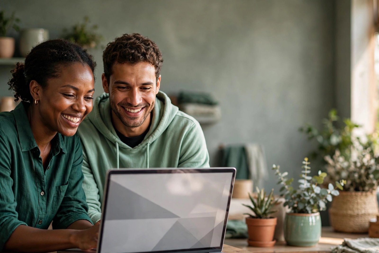 Two South African business owners smiling together at a laptop in their shop